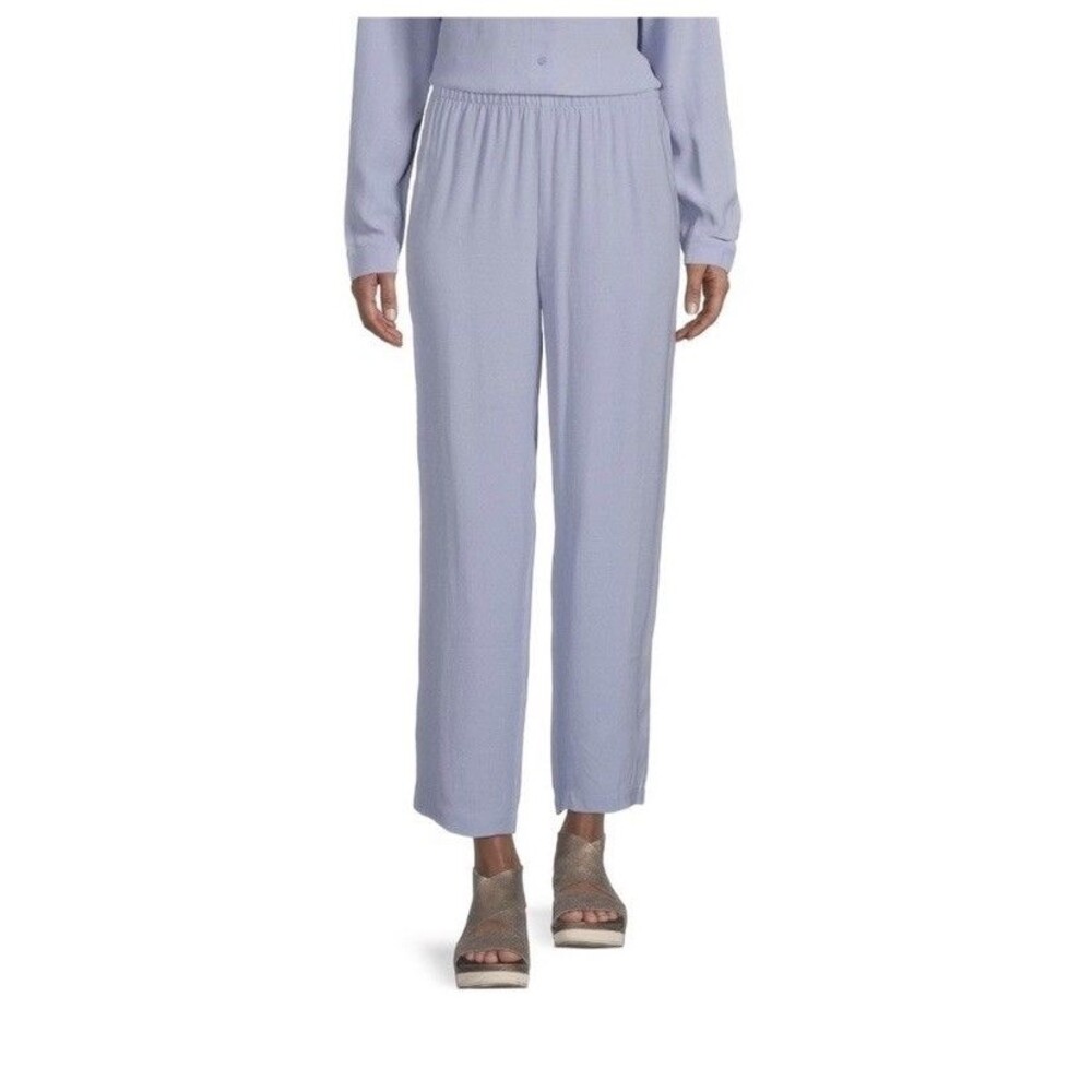 Eileen Fisher Silk Georgette Crepe Straight Ankle Pants Large Plume Purple Work